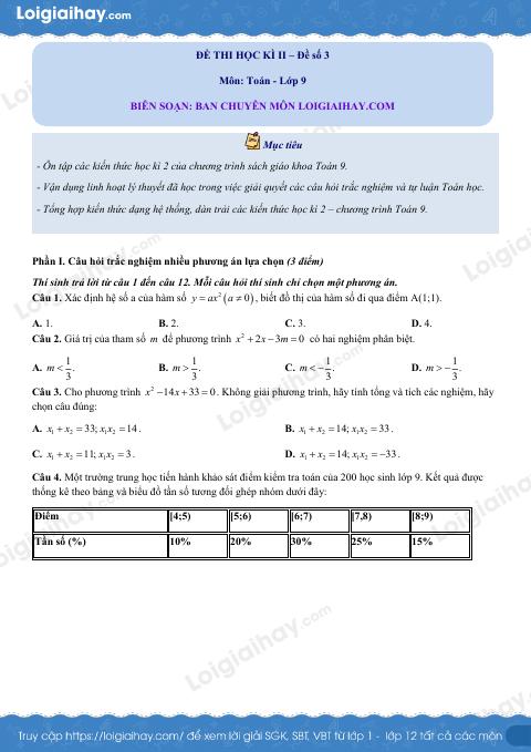 Đề thi học kì 2 Toán 9 - Đề số 3